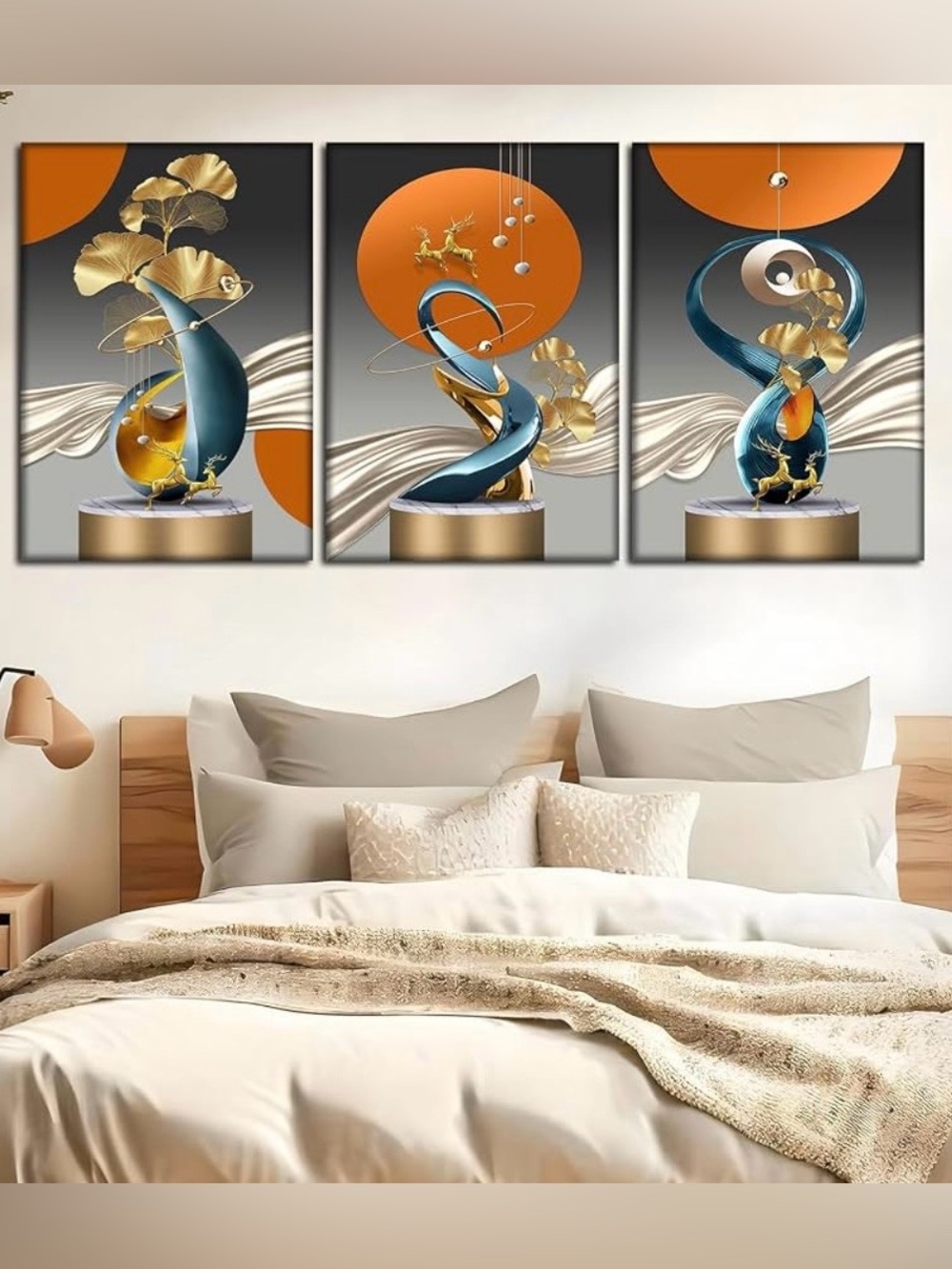 3pcs Abstract Sculptural Triptych Canvas Wall Art - Orange and Teal (12x16)